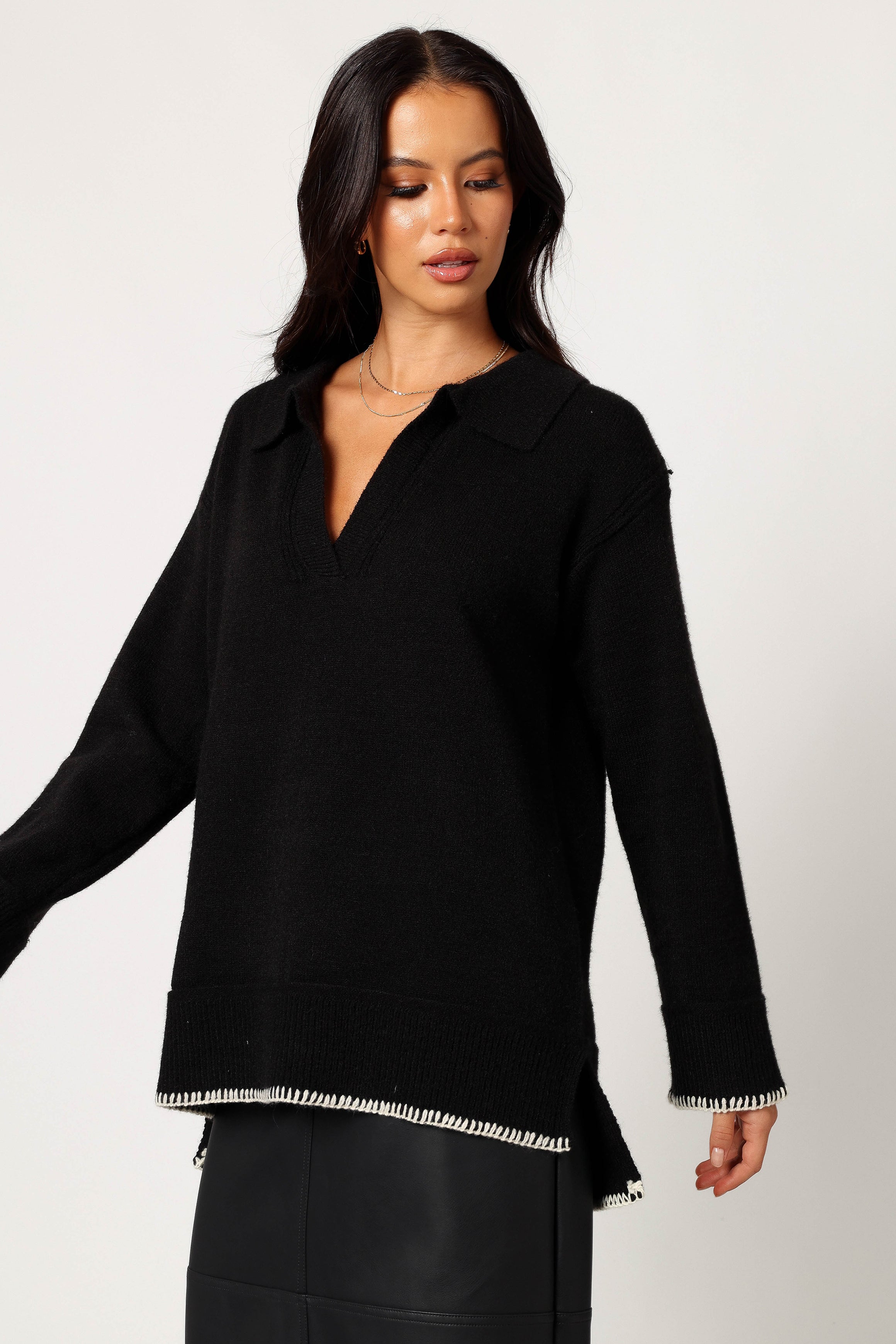 Elise Contrast Hem Knit Sweater - Black