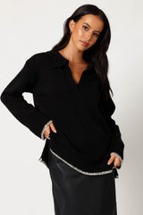 Elise Contrast Hem Knit Sweater - Black