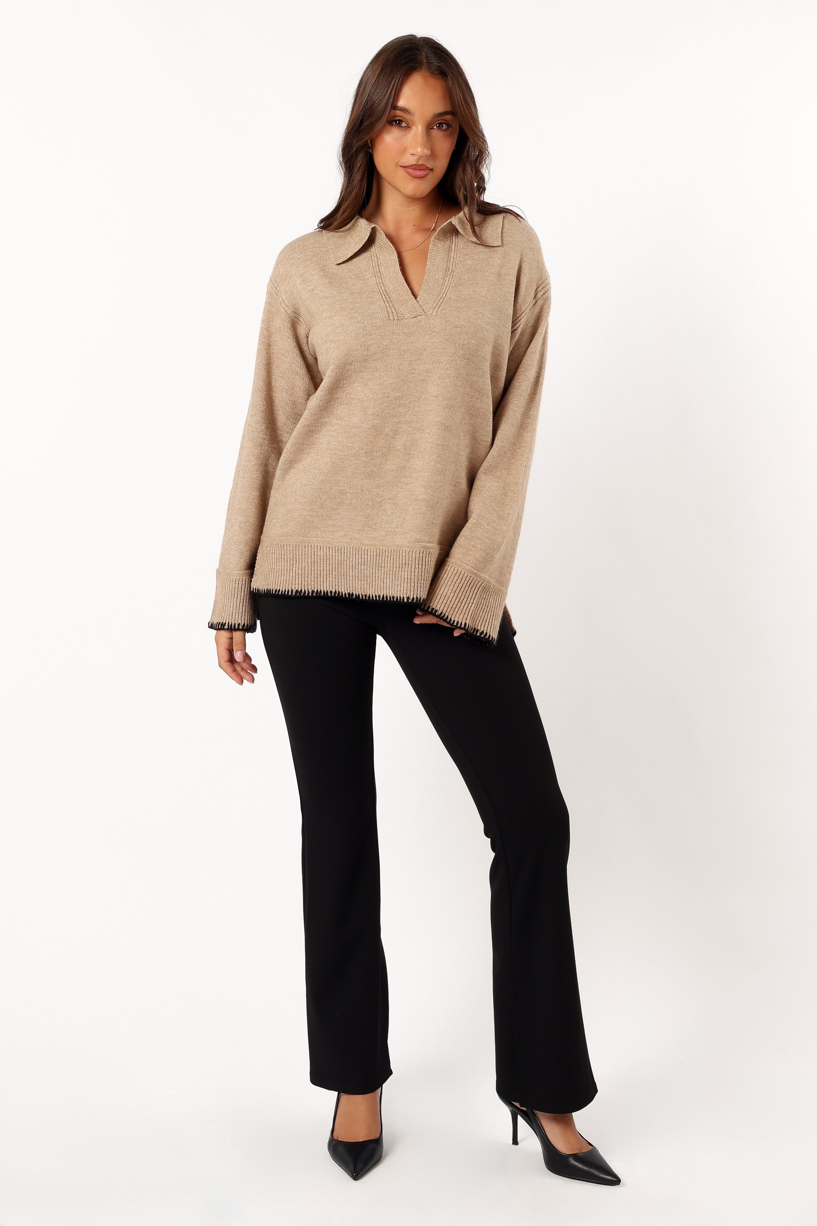 Elise Contrast Hem Knit Sweater - Taupe