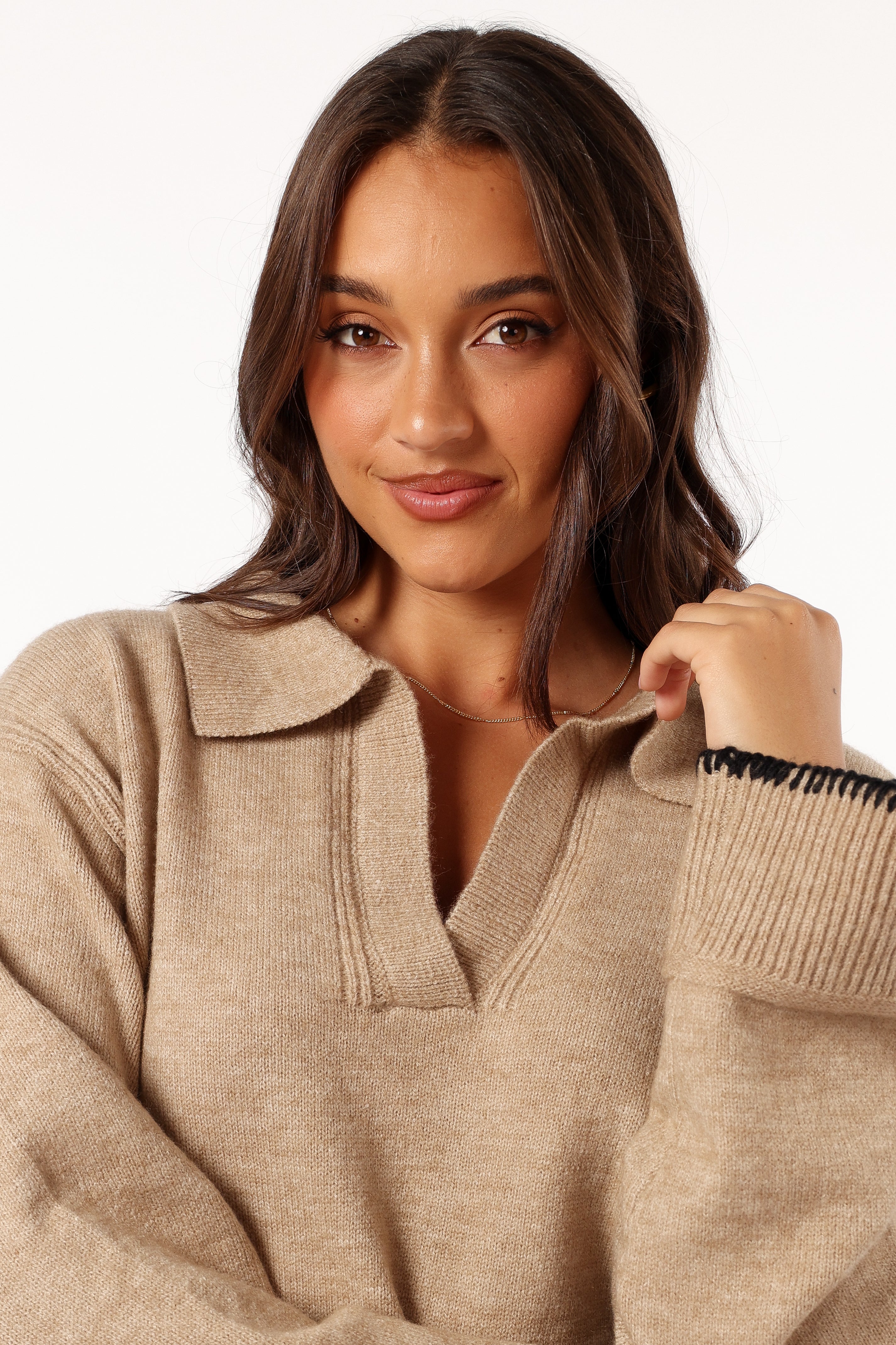 Elise Contrast Hem Knit Sweater - Taupe