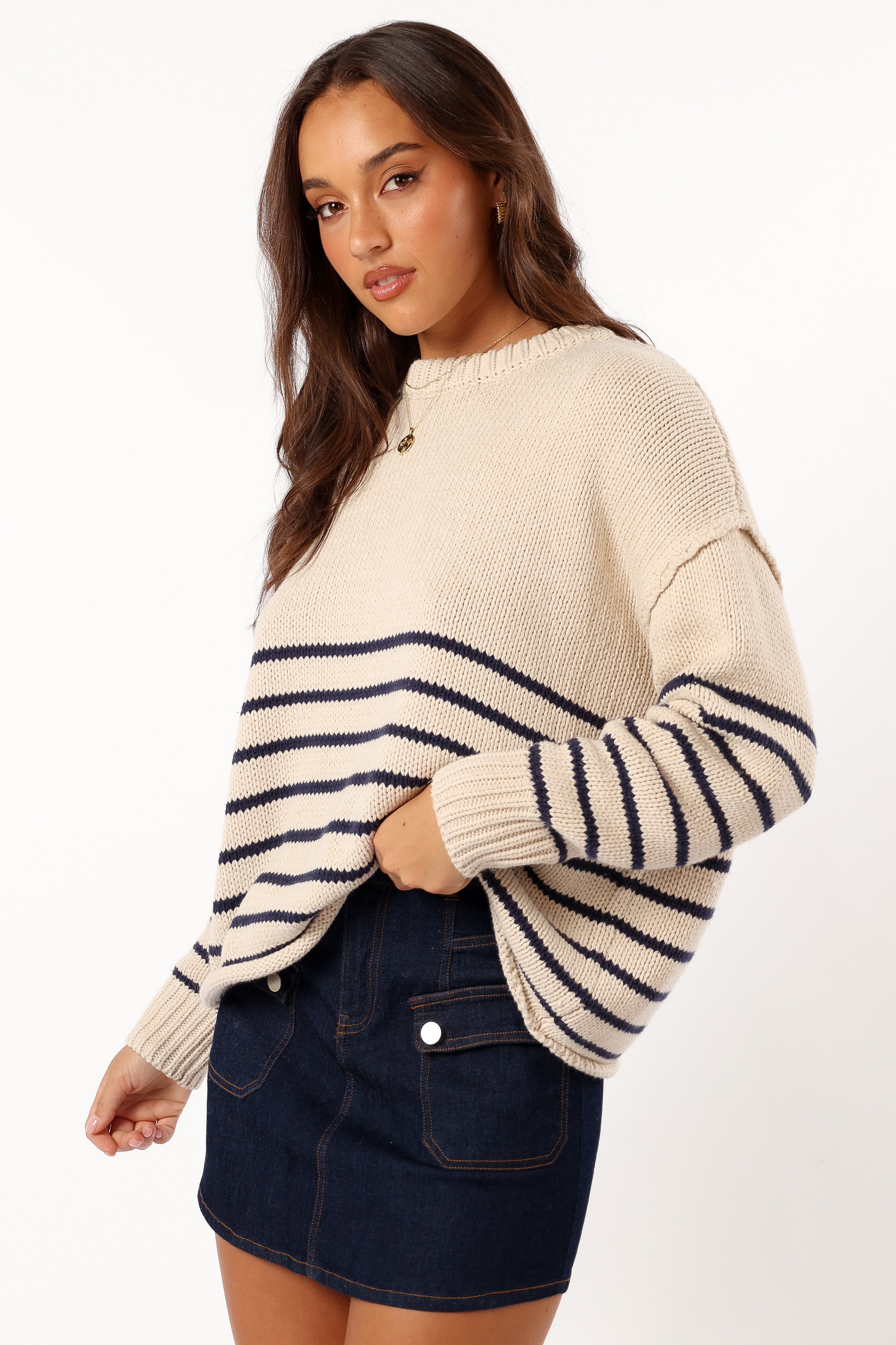 Tenzie Stripe Knit Sweater - Natural Navy