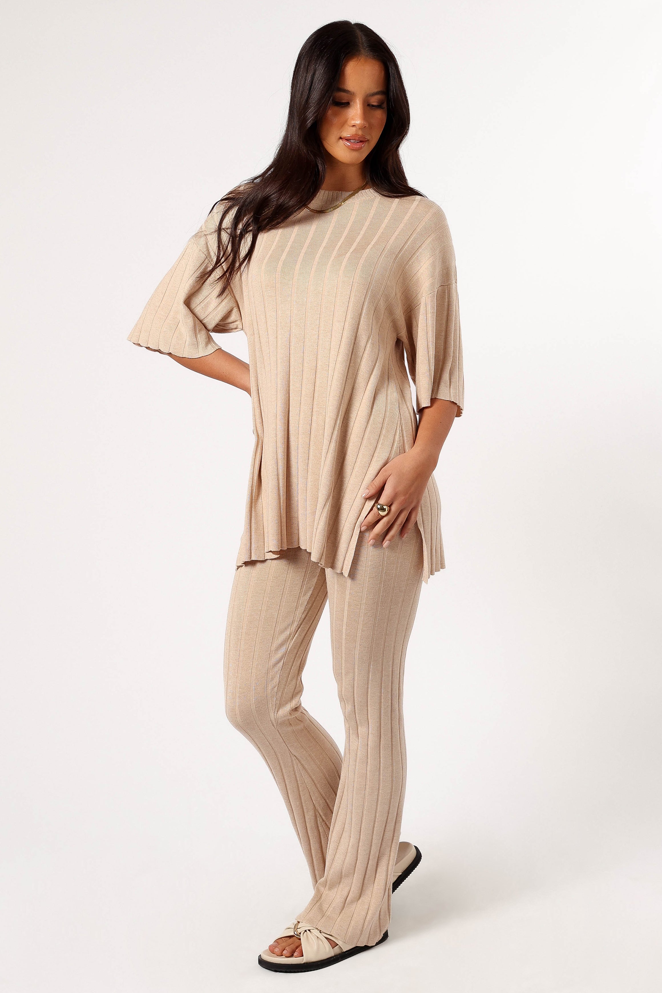 Silvie Short Sleeve Knitted Set - Beige