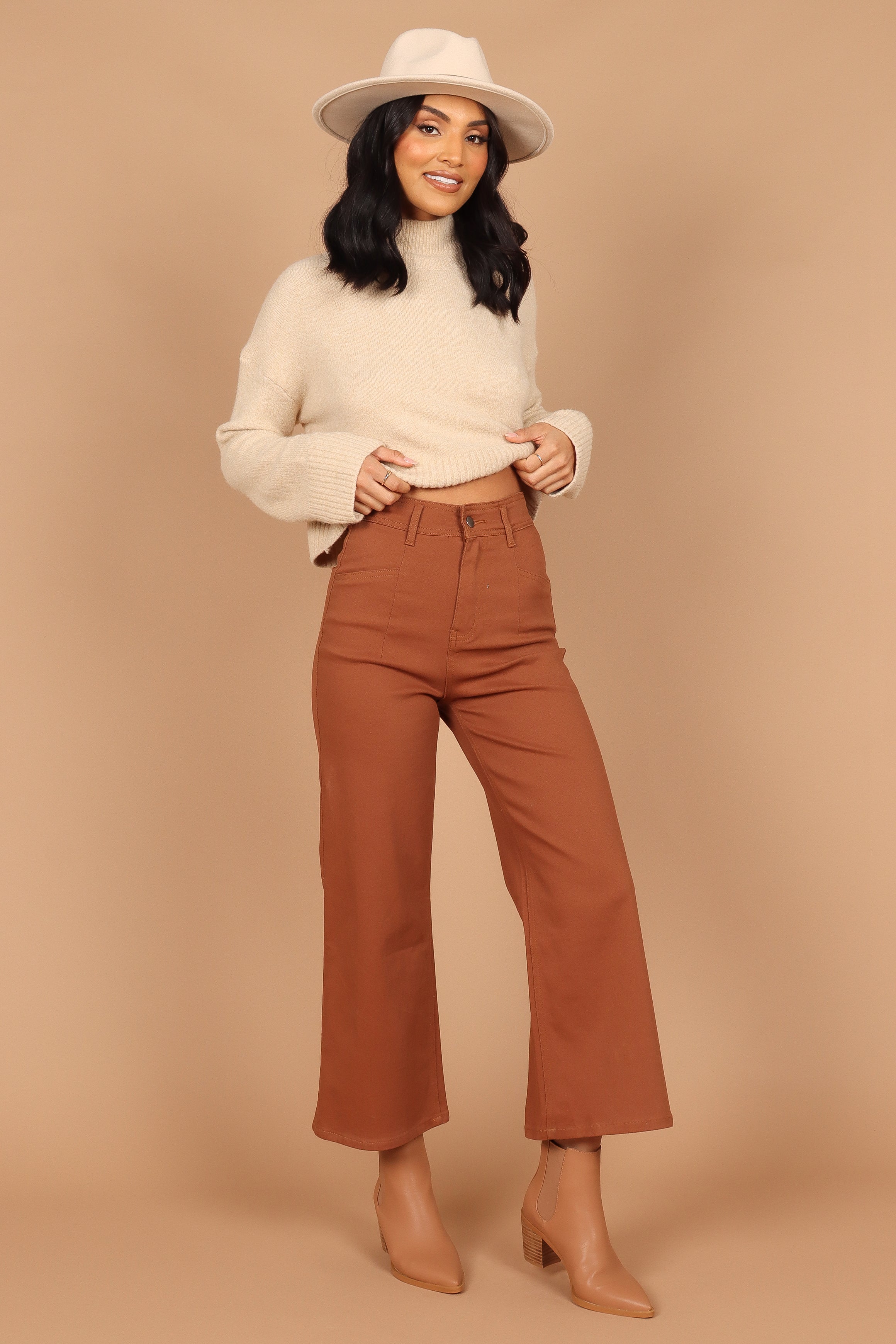 Georgette High Waisted Straight Leg Pants - Brown