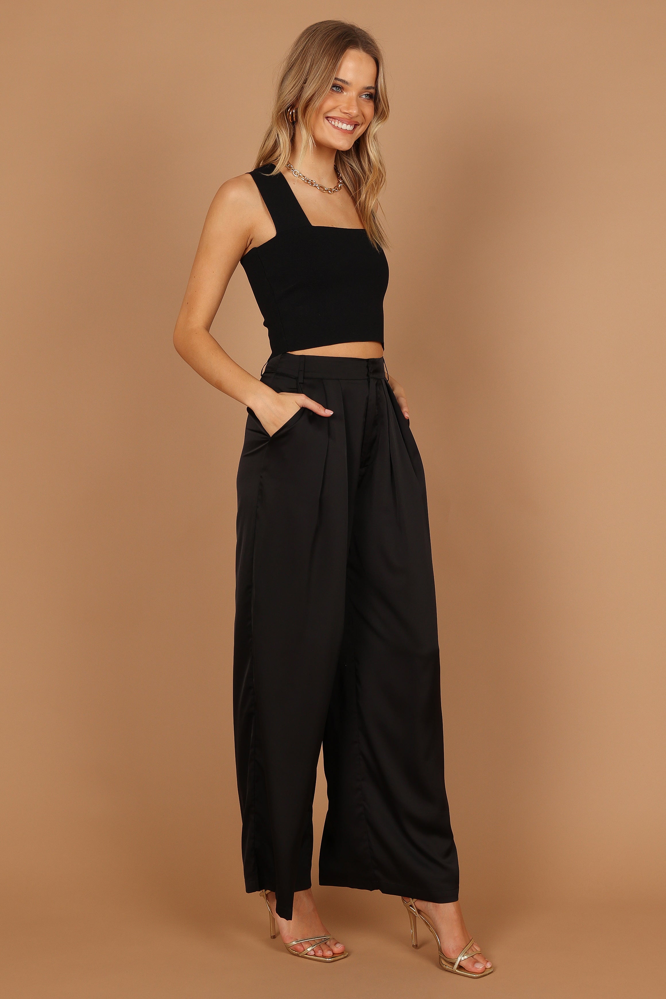 Wellington Wide Leg Satin Pant - Black
