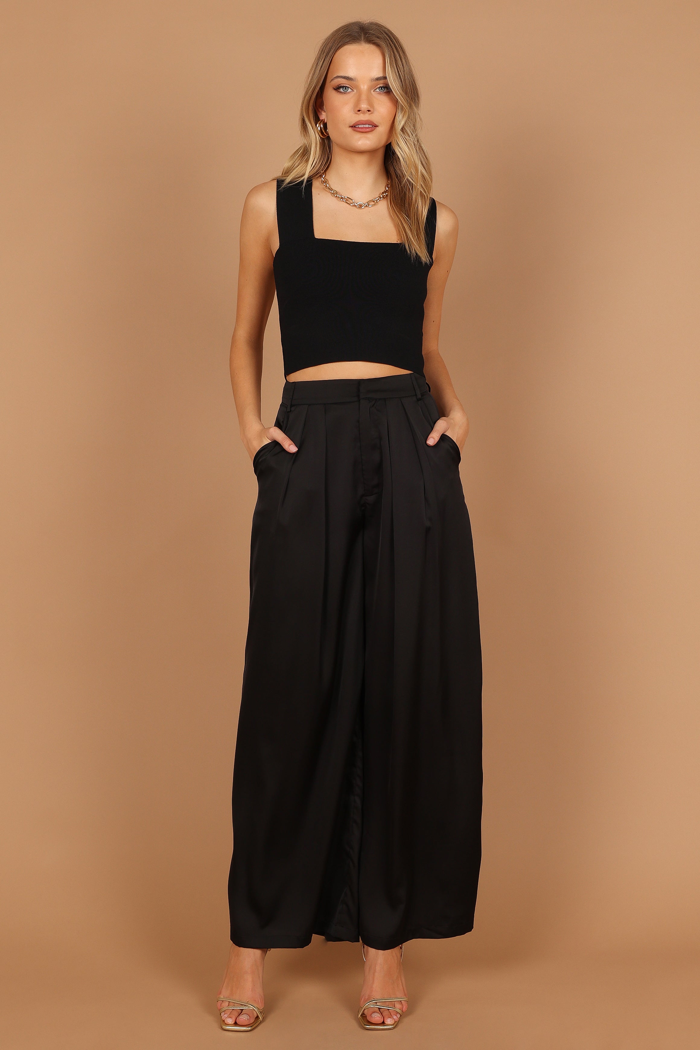 Wellington Wide Leg Satin Pant - Black