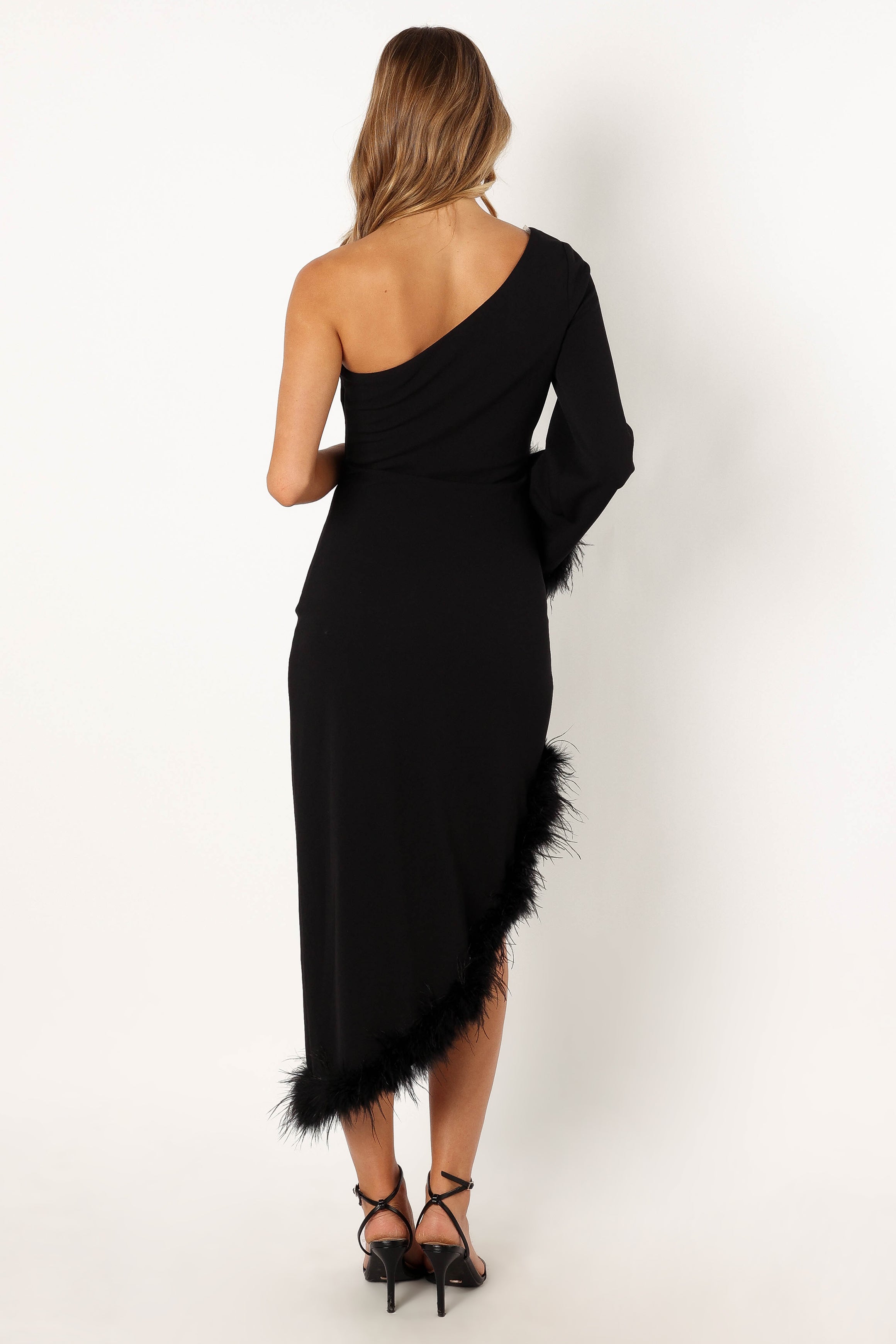 Dame One Shoulder Feather Midi Dress - Black