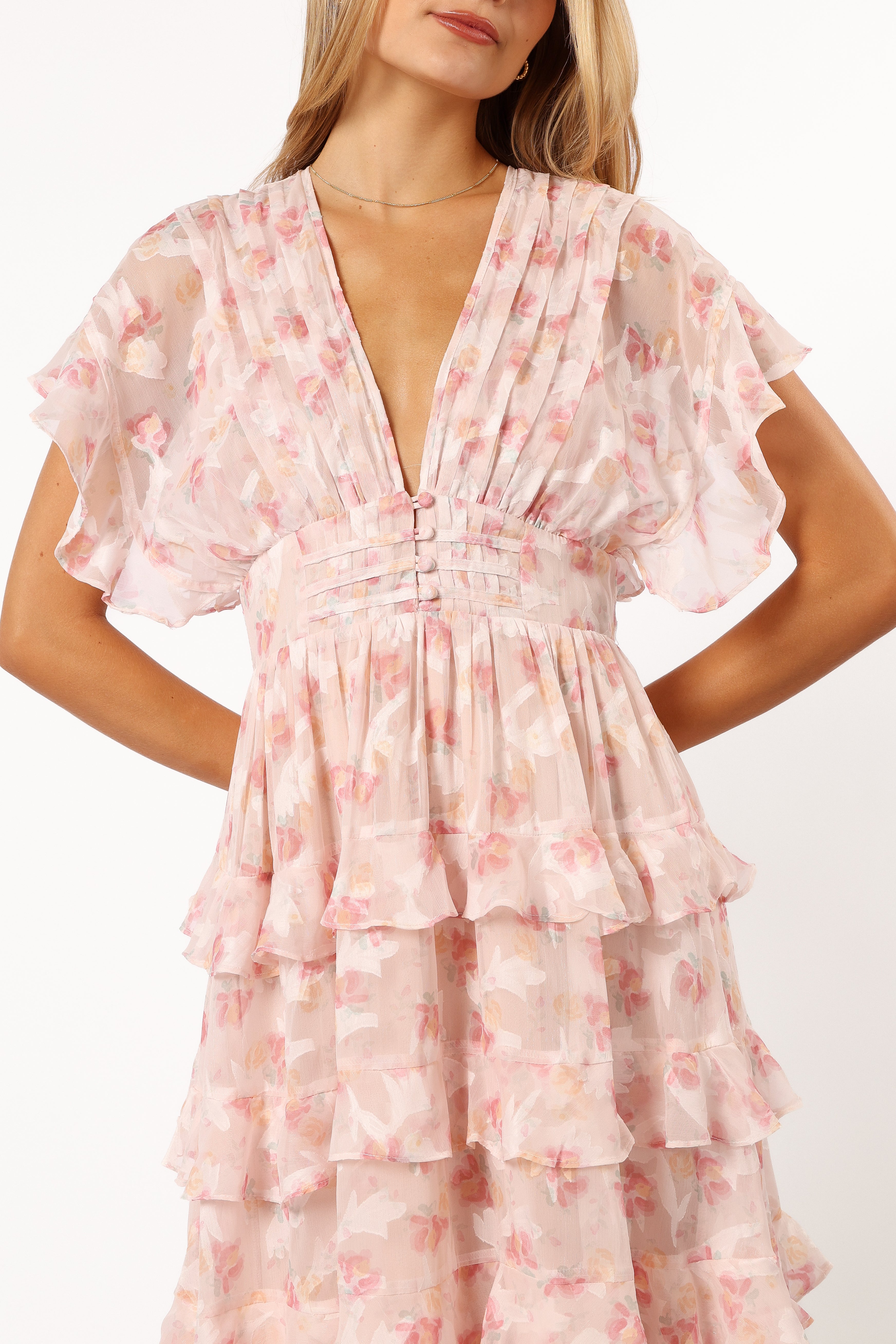 Daphne Ruffle Midi Dress - Pink Orange