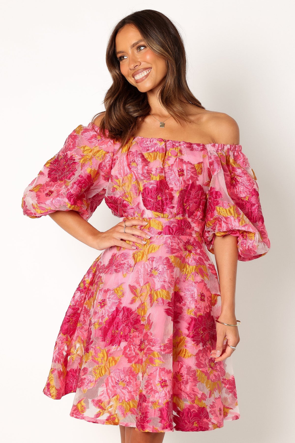 Faye Off Shoulder Mini Dress - Pink Floral