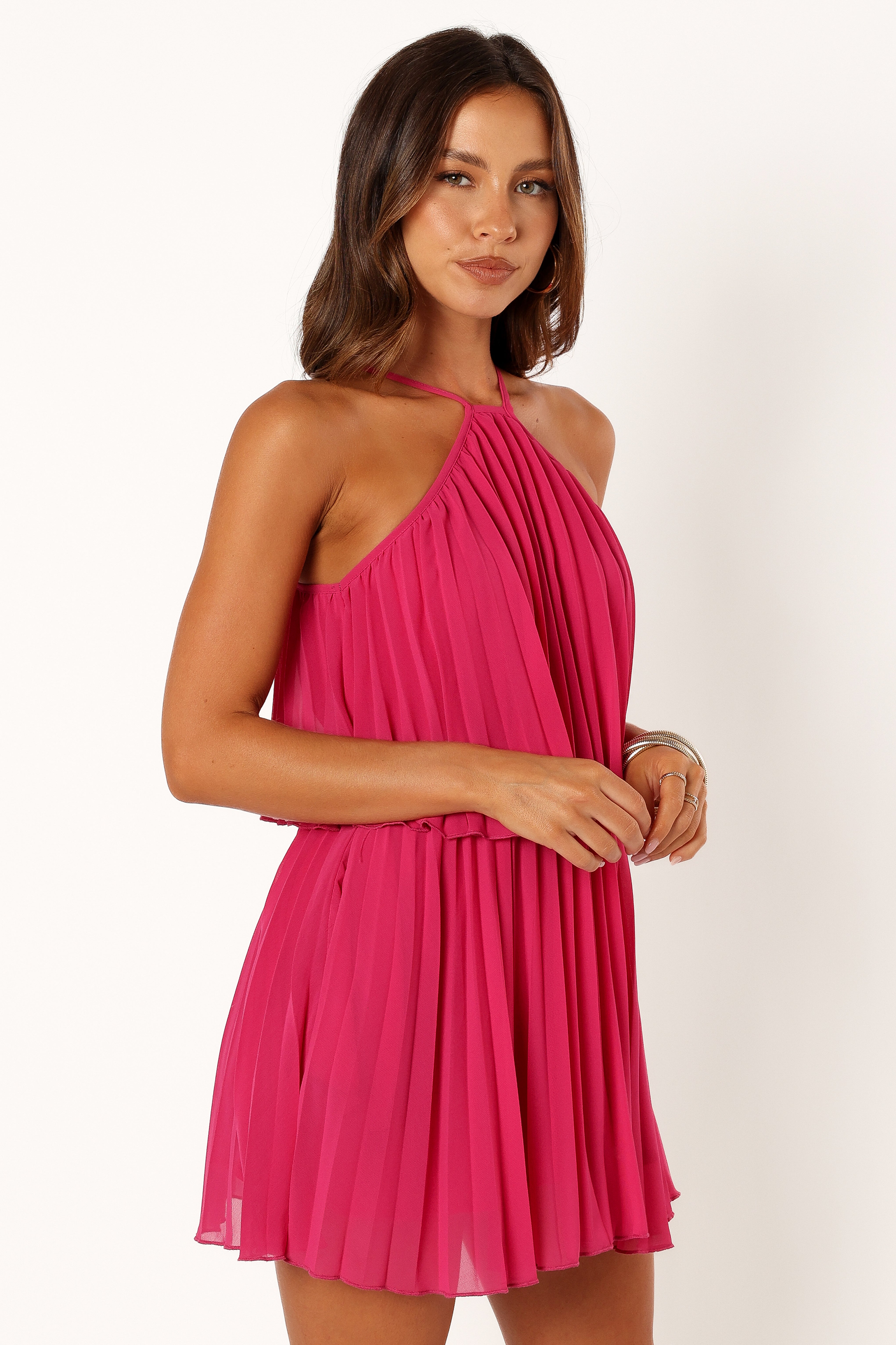 Gia Pleated Halterneck Mini Dress - Hot Pink