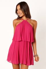 Gia Pleated Halterneck Mini Dress - Hot Pink