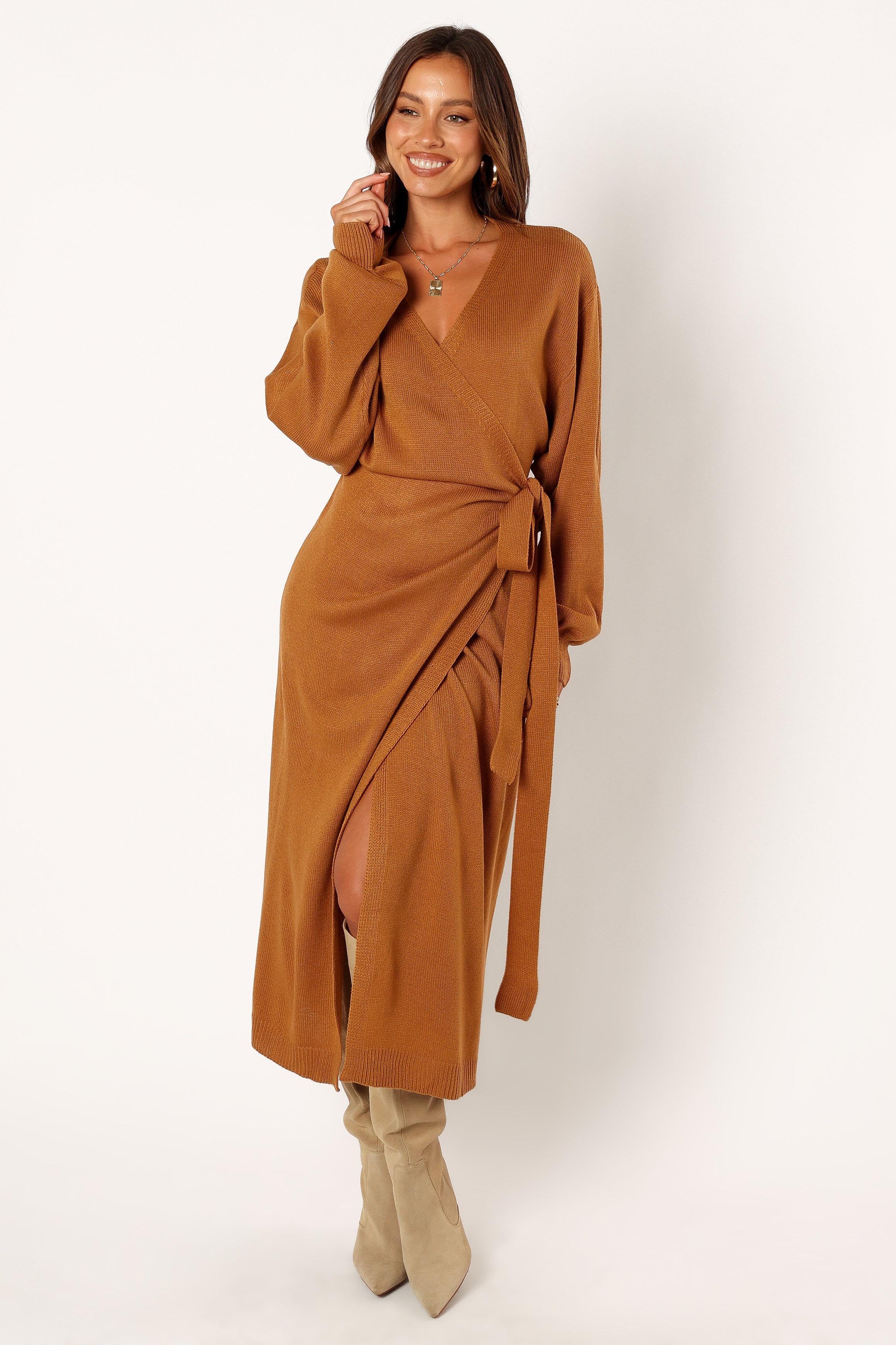 Nova Wrap Knit Midi Dress - Camel