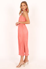Pontee One Shoulder Pleated Midi Dress - Coral