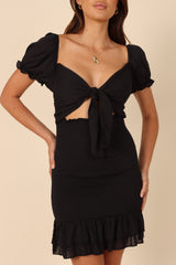 Rosie Shirred Tie Front Mini Dress - Black