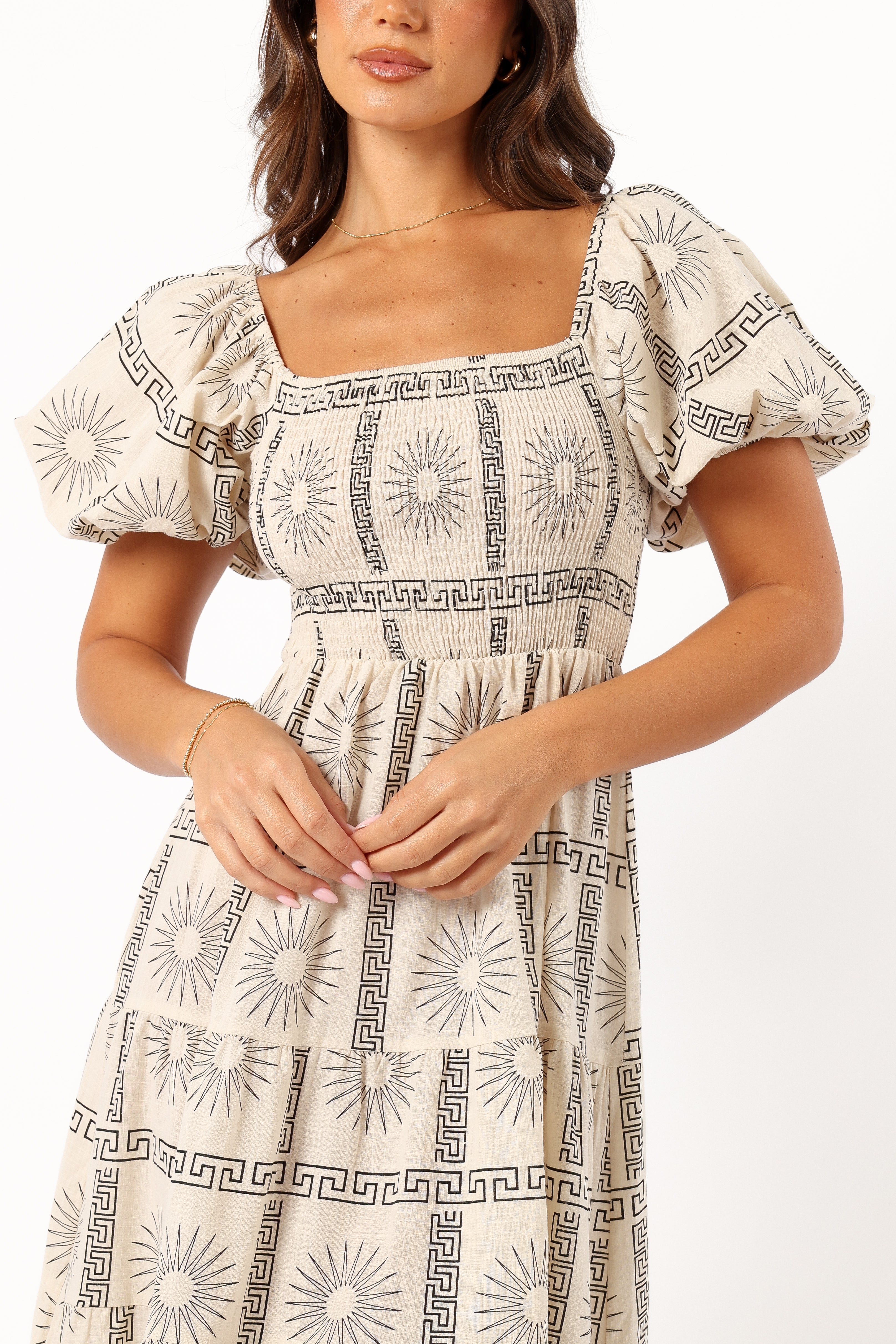 Soliel Puff Sleeve Midi Dress - Beige Black