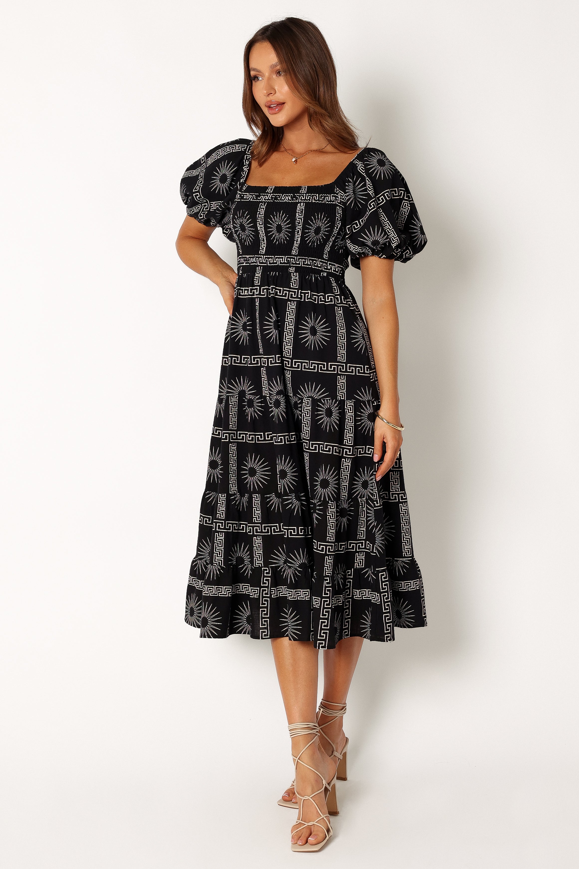 Soliel Puff Sleeve Midi Dress - Black Tan