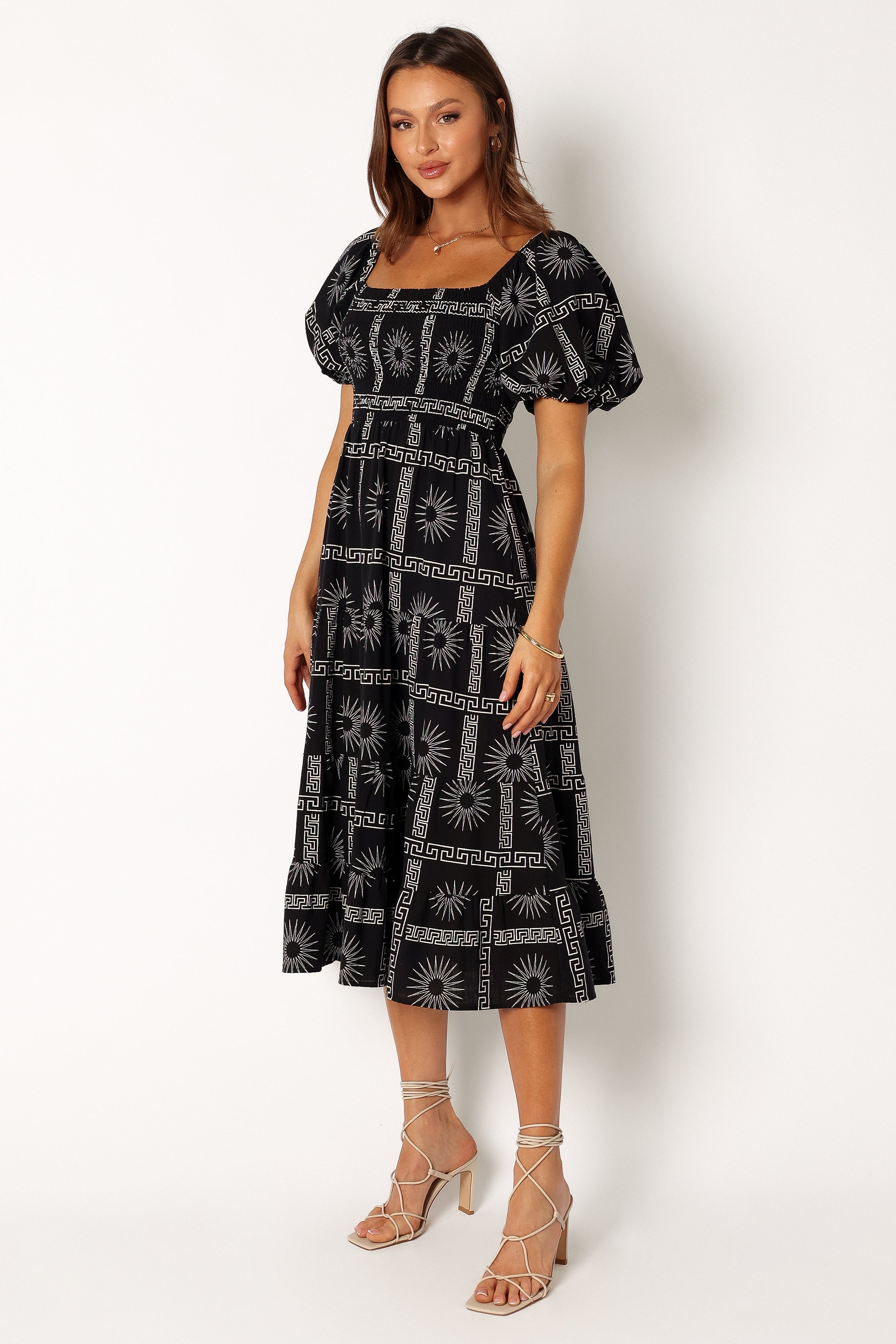 Soliel Puff Sleeve Midi Dress - Black Tan