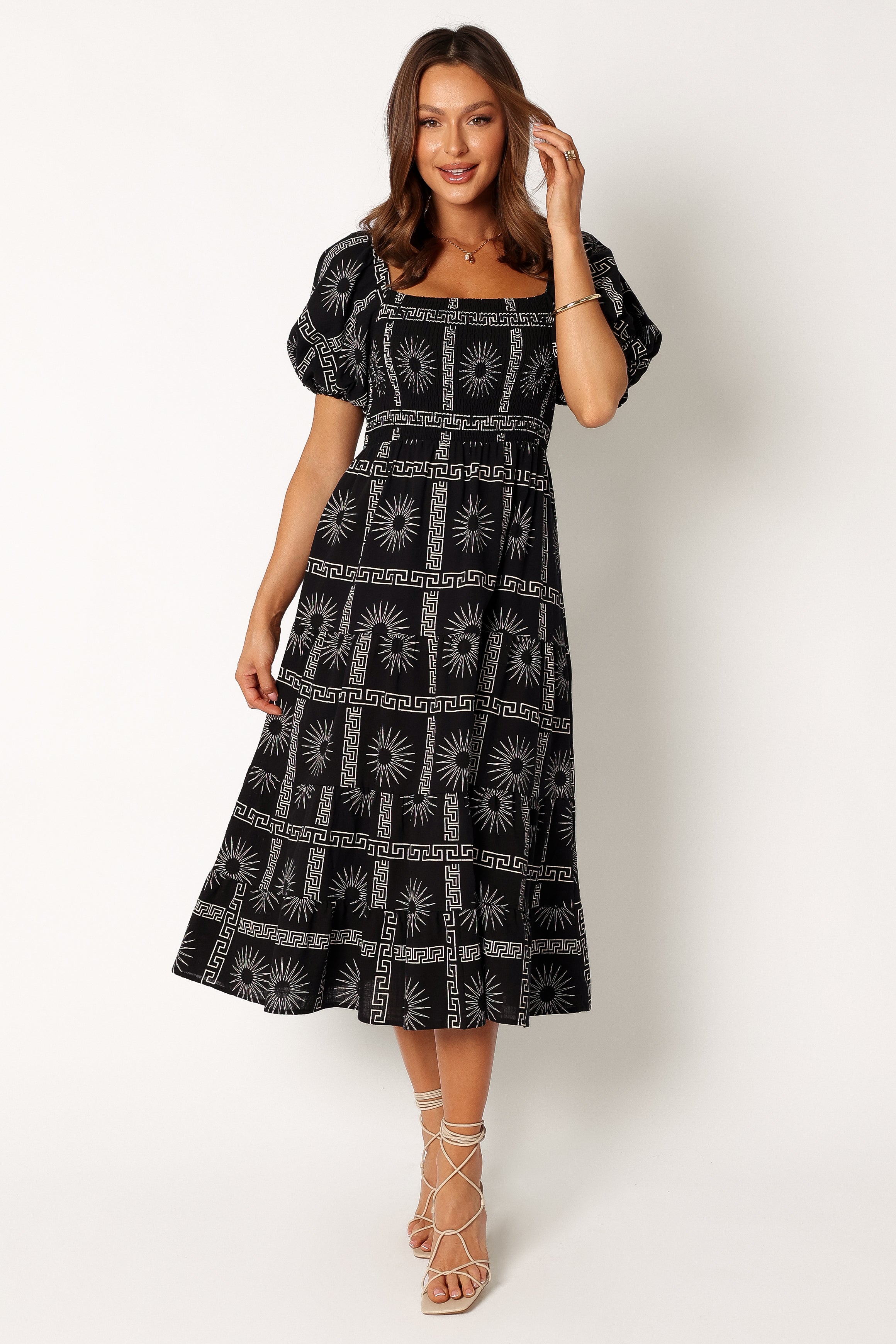 Soliel Puff Sleeve Midi Dress - Black Tan