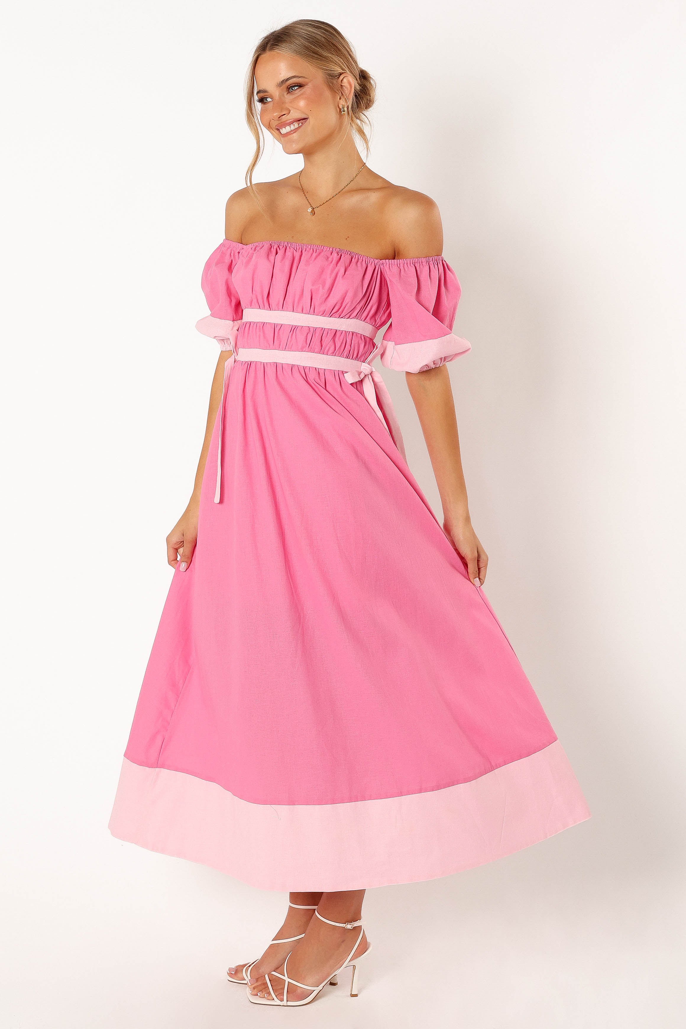 Tailor Off Shoulder Midi Dress - Pink