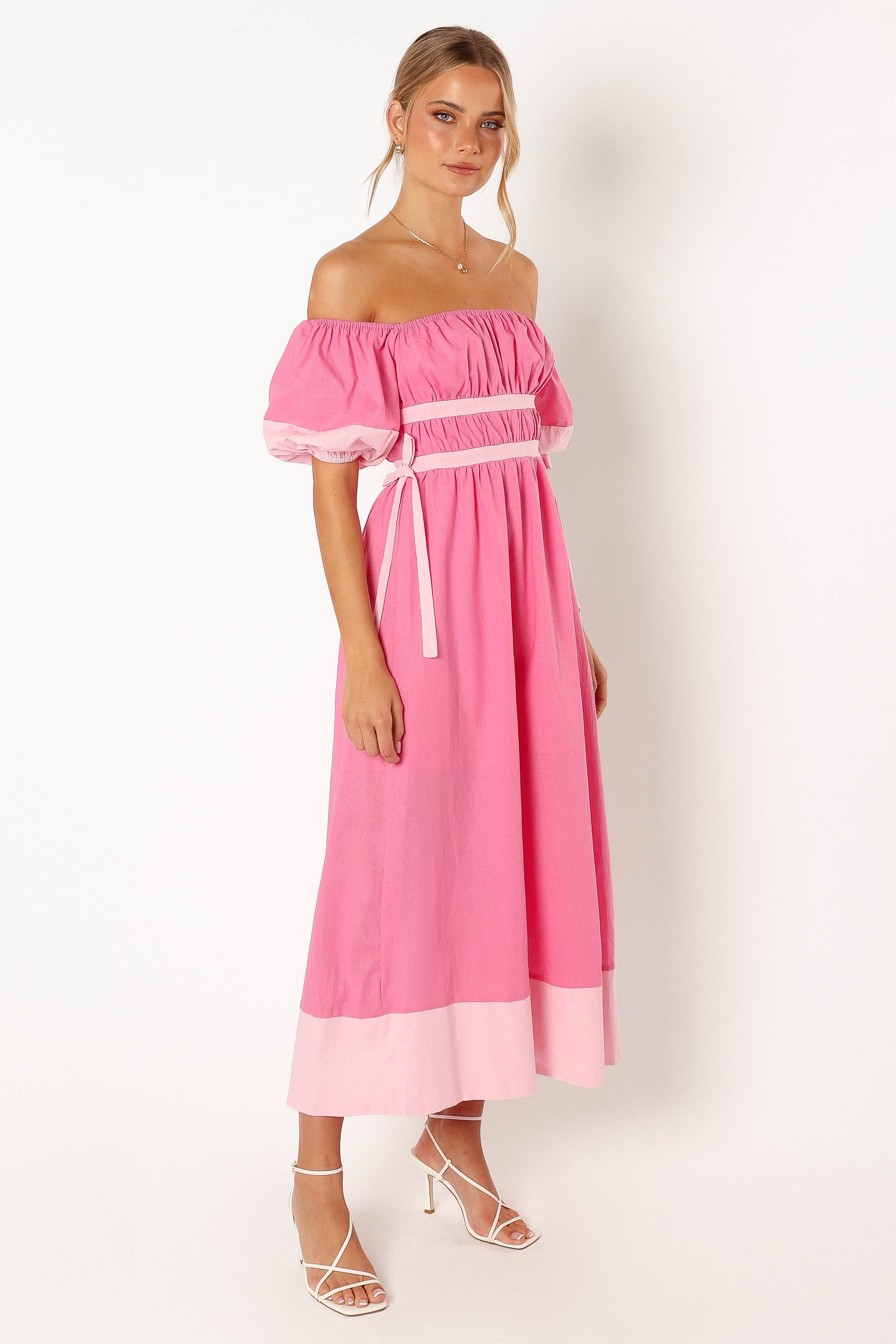 Tailor Off Shoulder Midi Dress - Pink