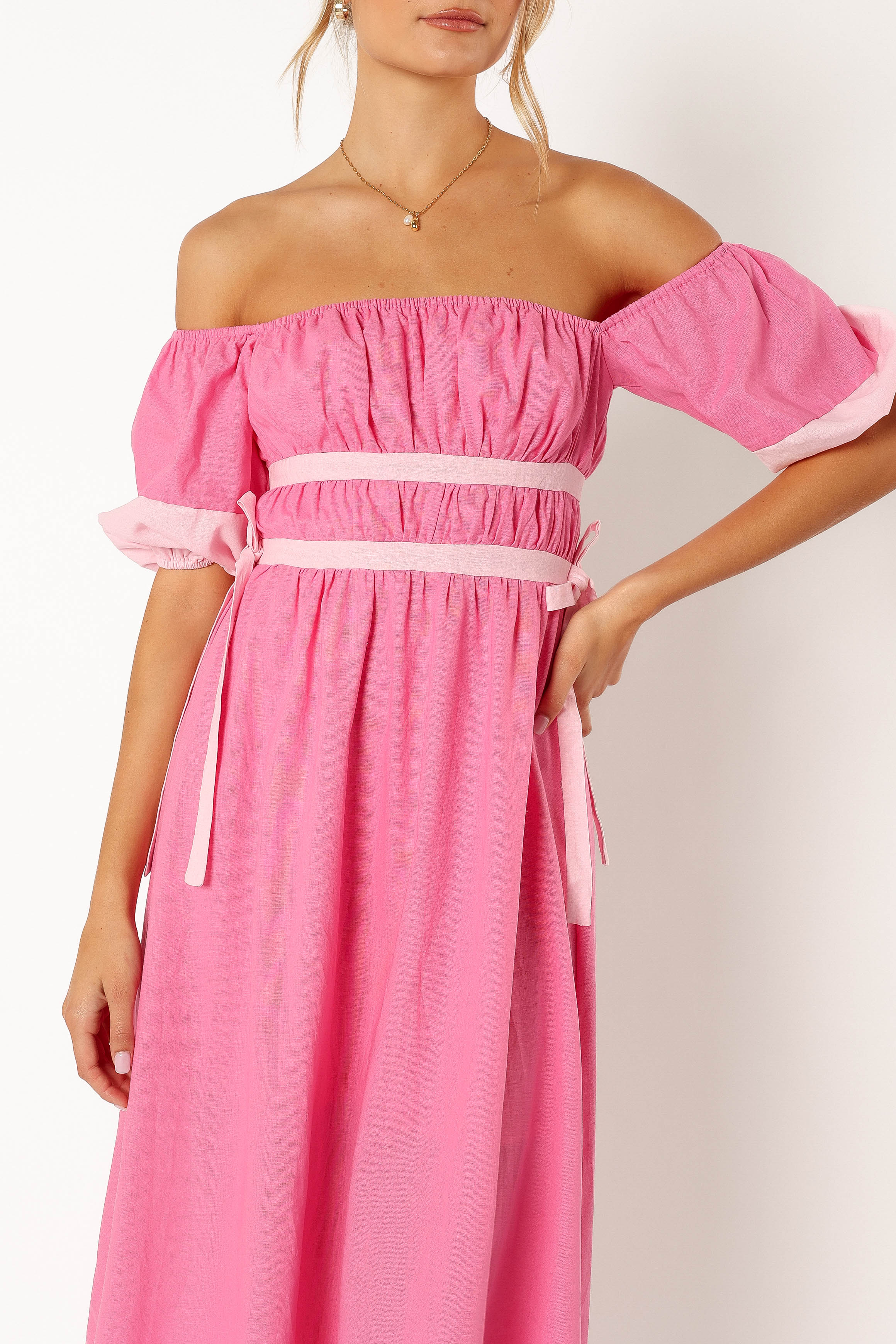 Tailor Off Shoulder Midi Dress - Pink