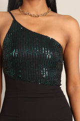 Xayne One Shoulder Sequin Midi Dress - Black/Emerald