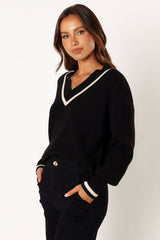 Dominique Contrast Vneck Knit Sweater - Black/Cream