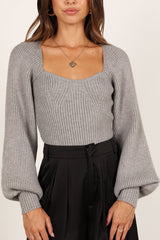 Gia Sweetheart Neck Bell Sleeve Knit Sweater - Light Grey