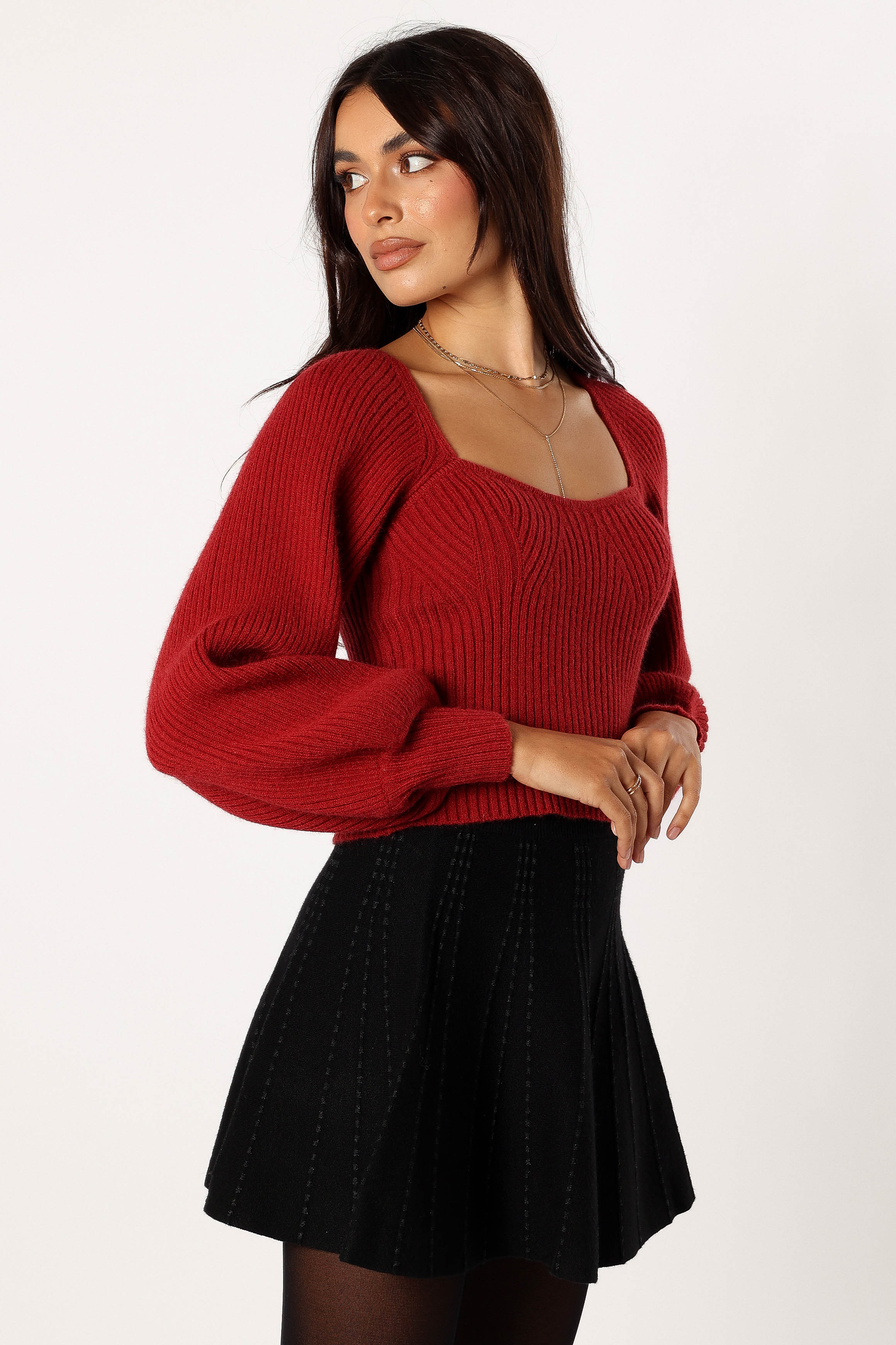 Gia Sweetheart Neck Bell Sleeve Knit Sweater - Wine