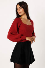 Gia Sweetheart Neck Bell Sleeve Knit Sweater - Wine