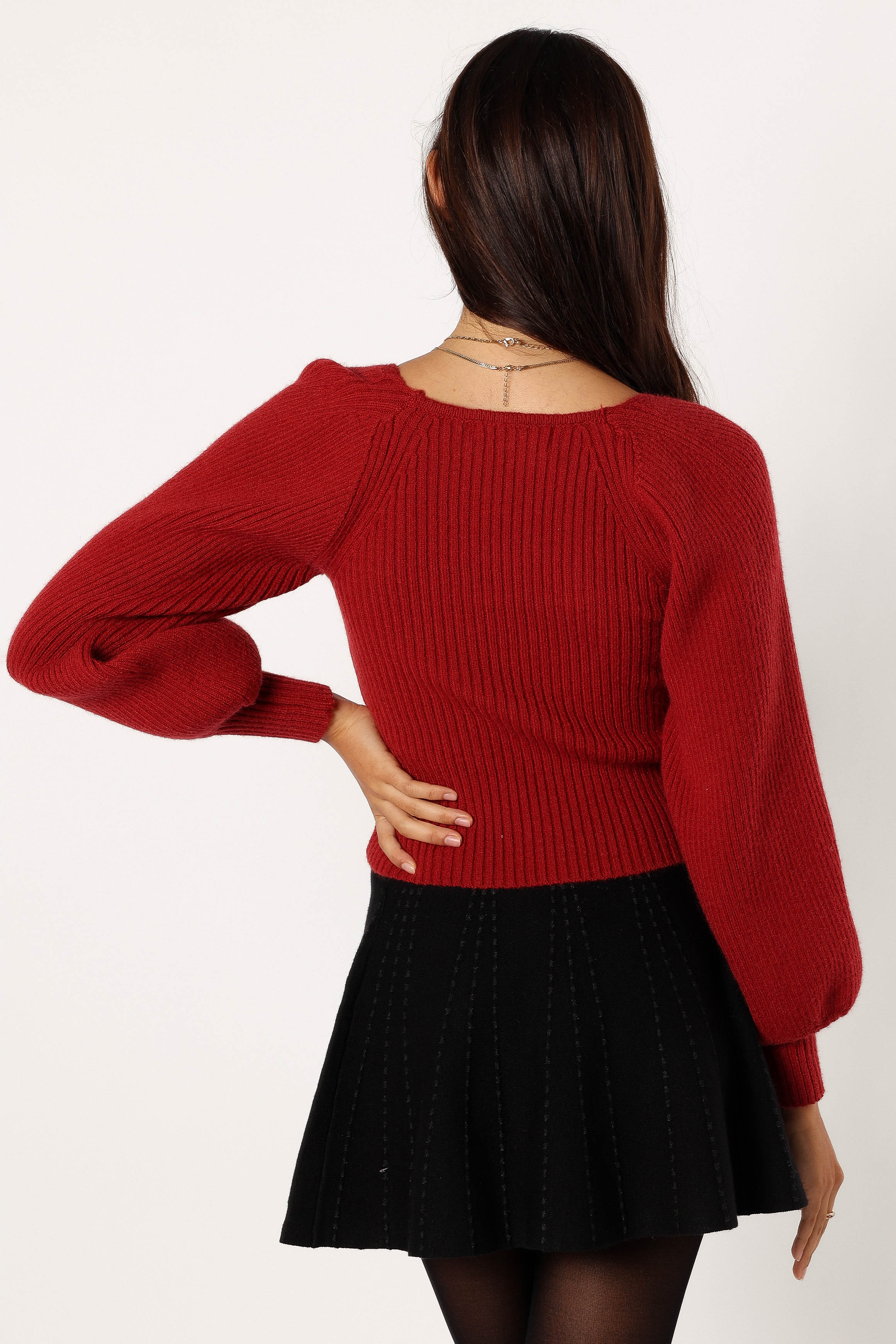 Gia Sweetheart Neck Bell Sleeve Knit Sweater - Wine