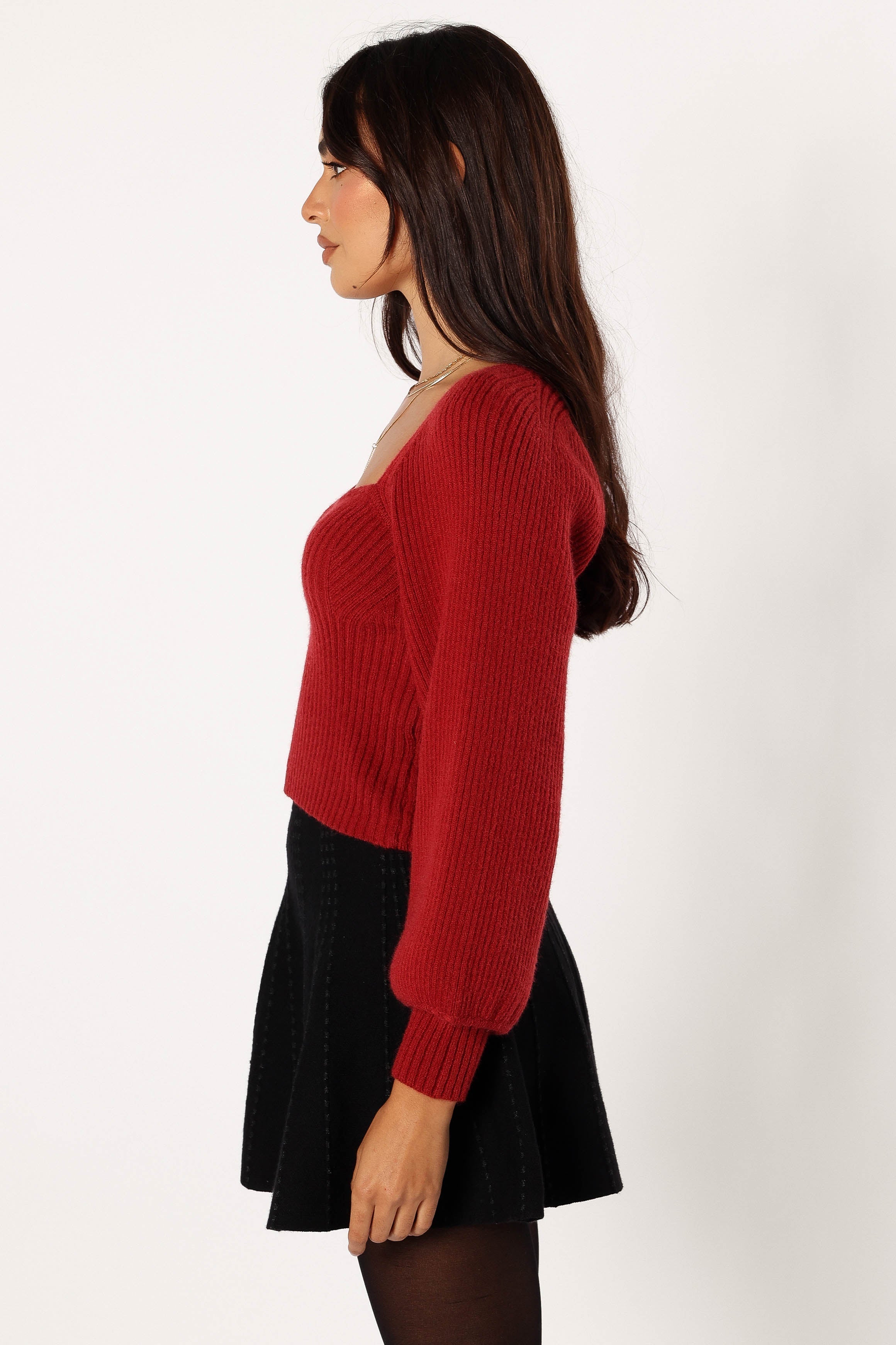 Gia Sweetheart Neck Bell Sleeve Knit Sweater - Wine