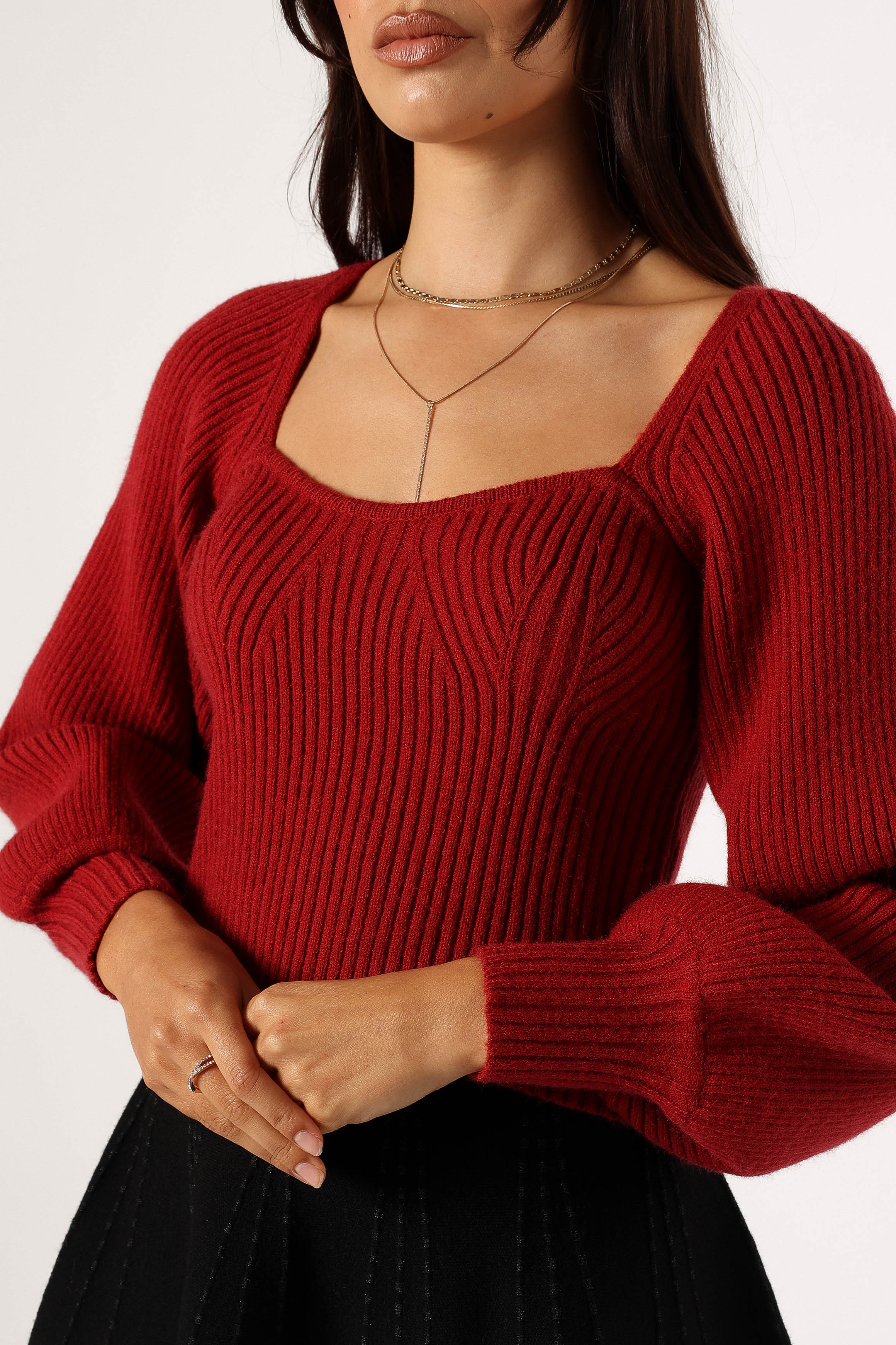 Gia Sweetheart Neck Bell Sleeve Knit Sweater - Wine