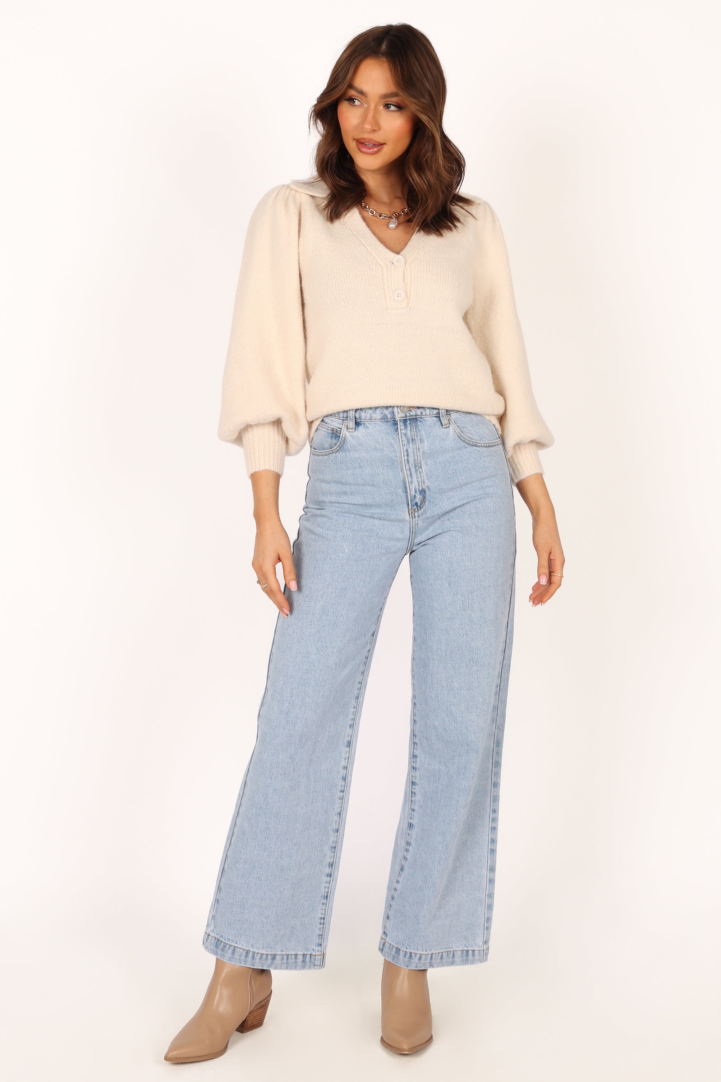 Kahlani Button Front Knit Sweater - Cream