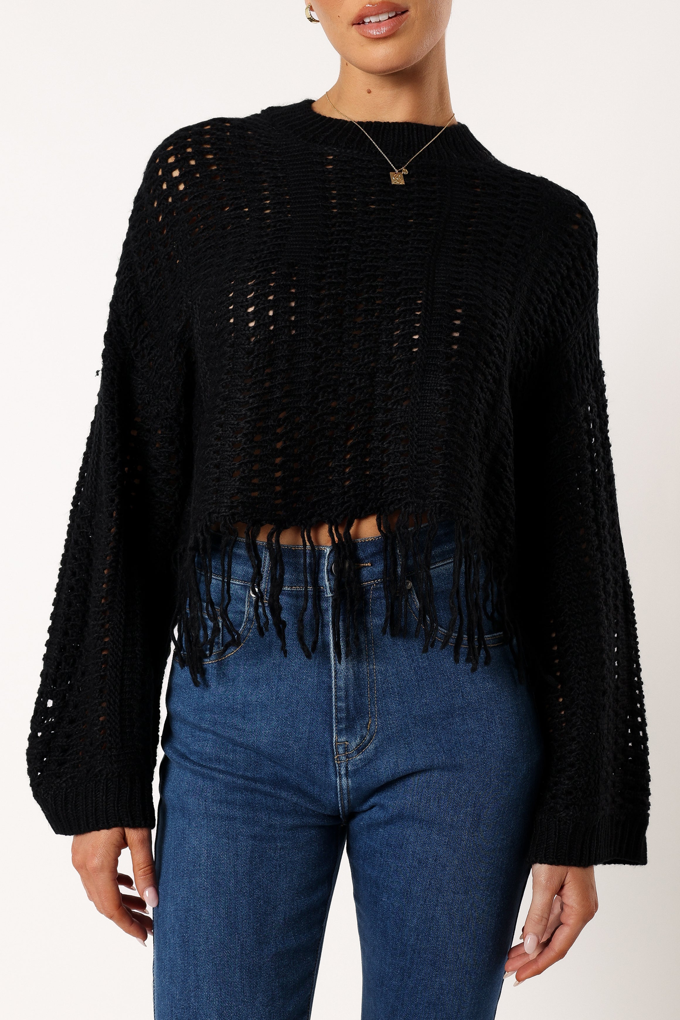 Katalina Fringe Crop Knit Sweater - Black