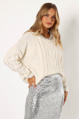 Ryleigh Jewel Embellished Crewneck Knit Sweater - Cream