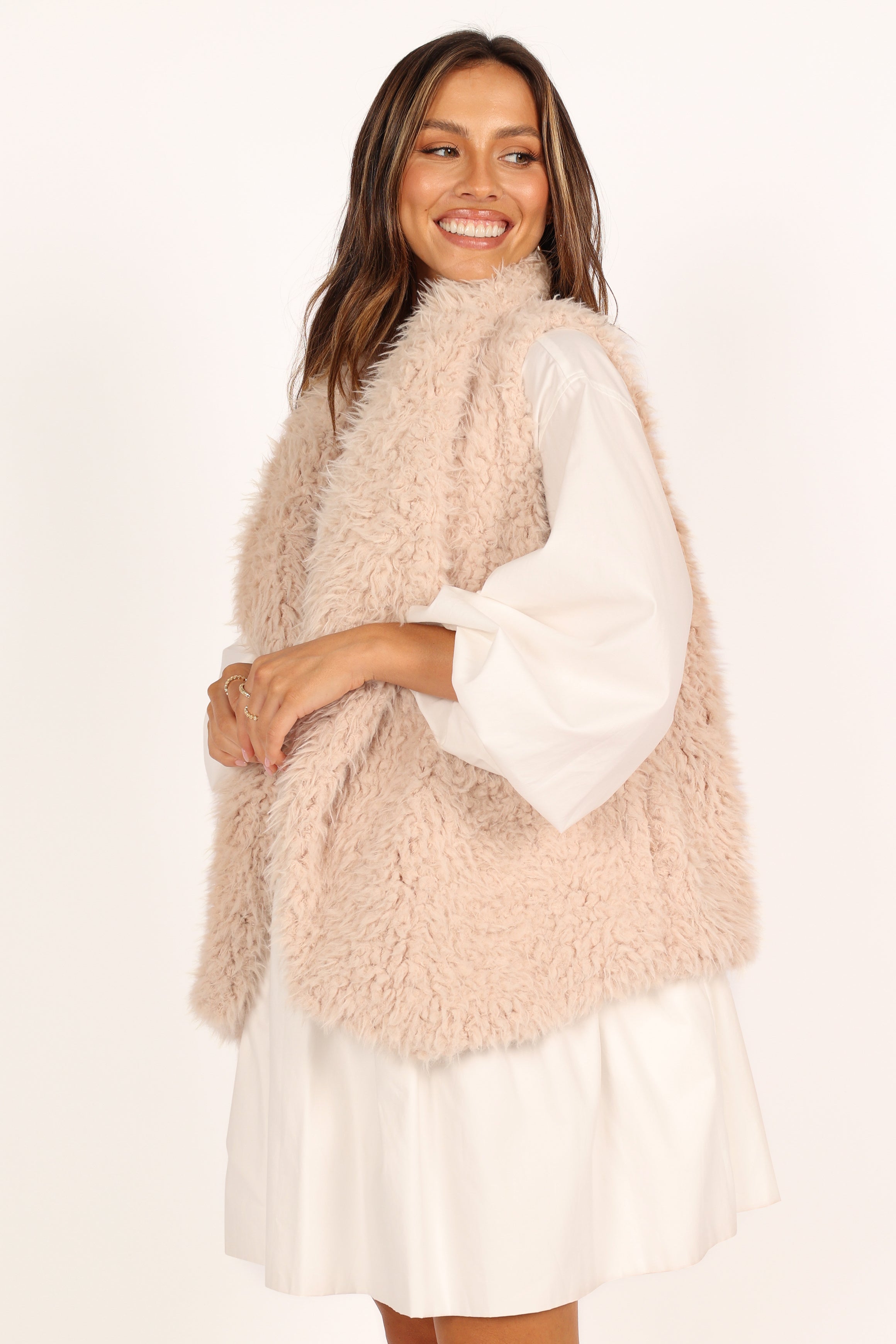 Chelsea Faux Fur Open Front Vest - Eggshell