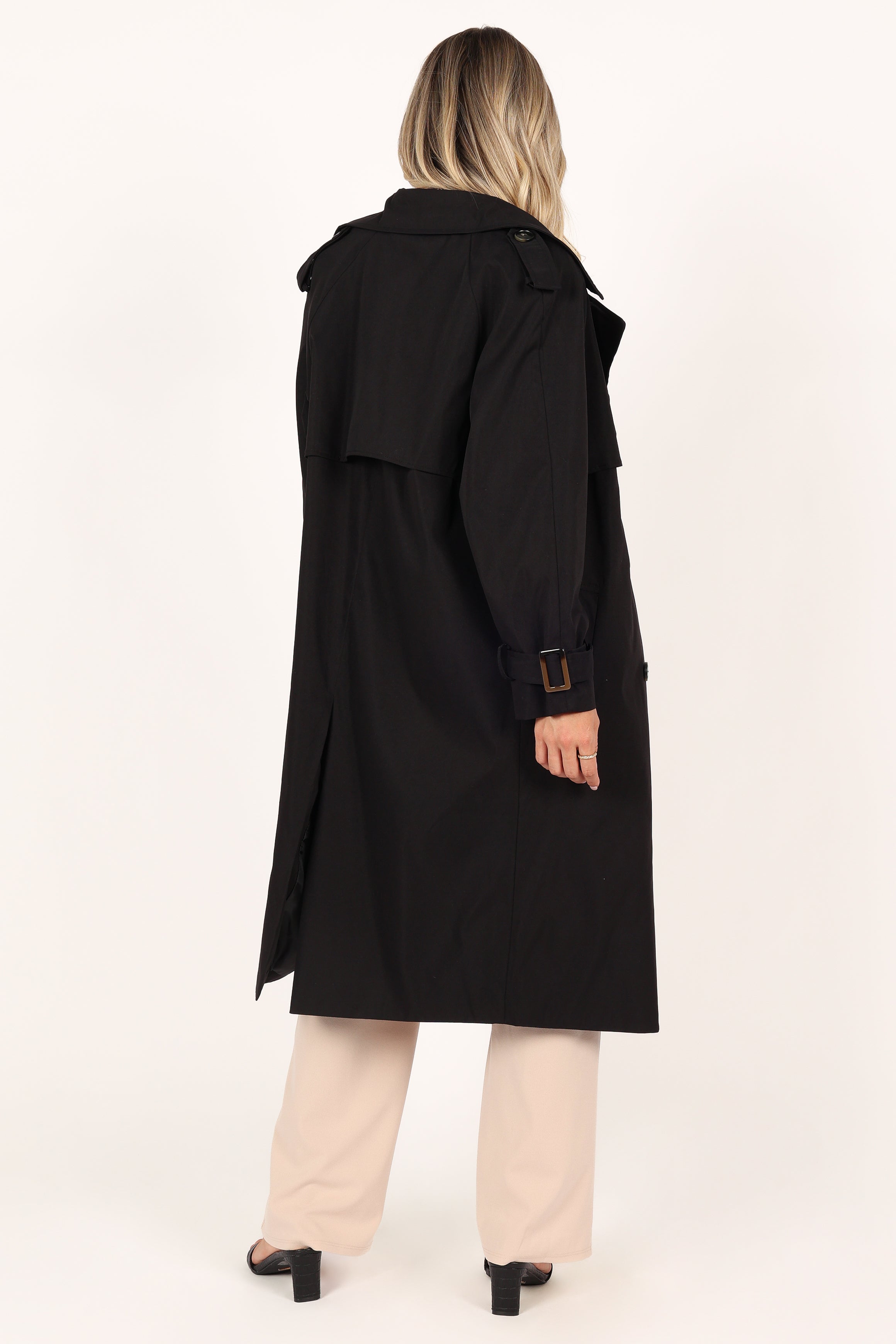 Trina Button Front Trench Coat - Black
