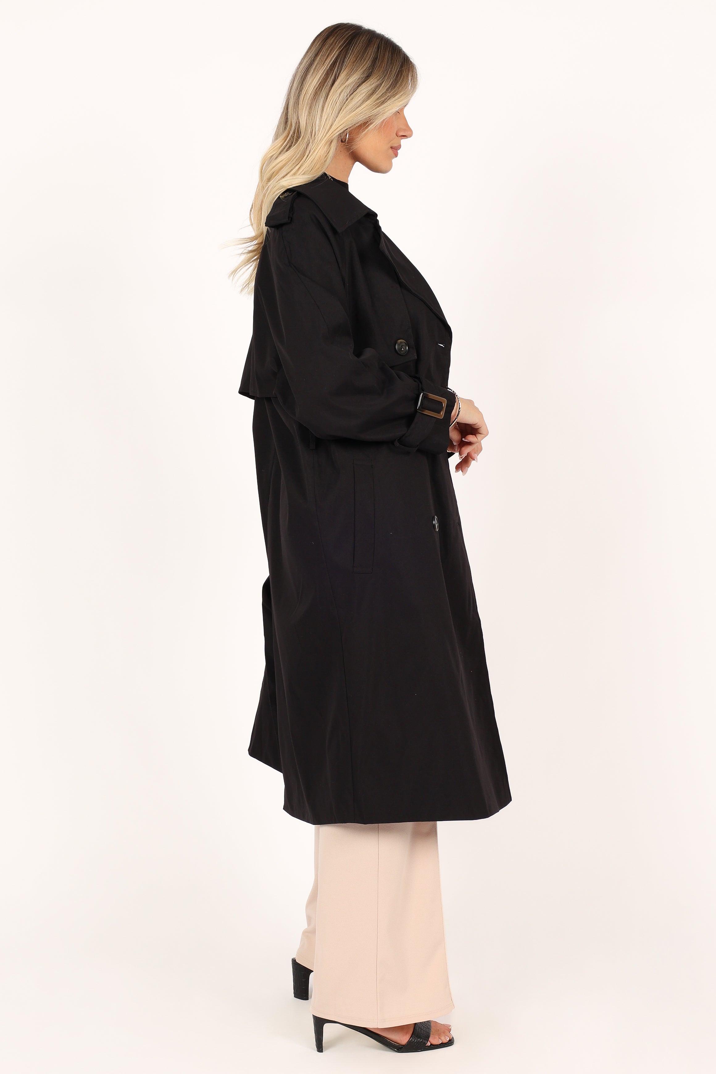 Trina Button Front Trench Coat - Black