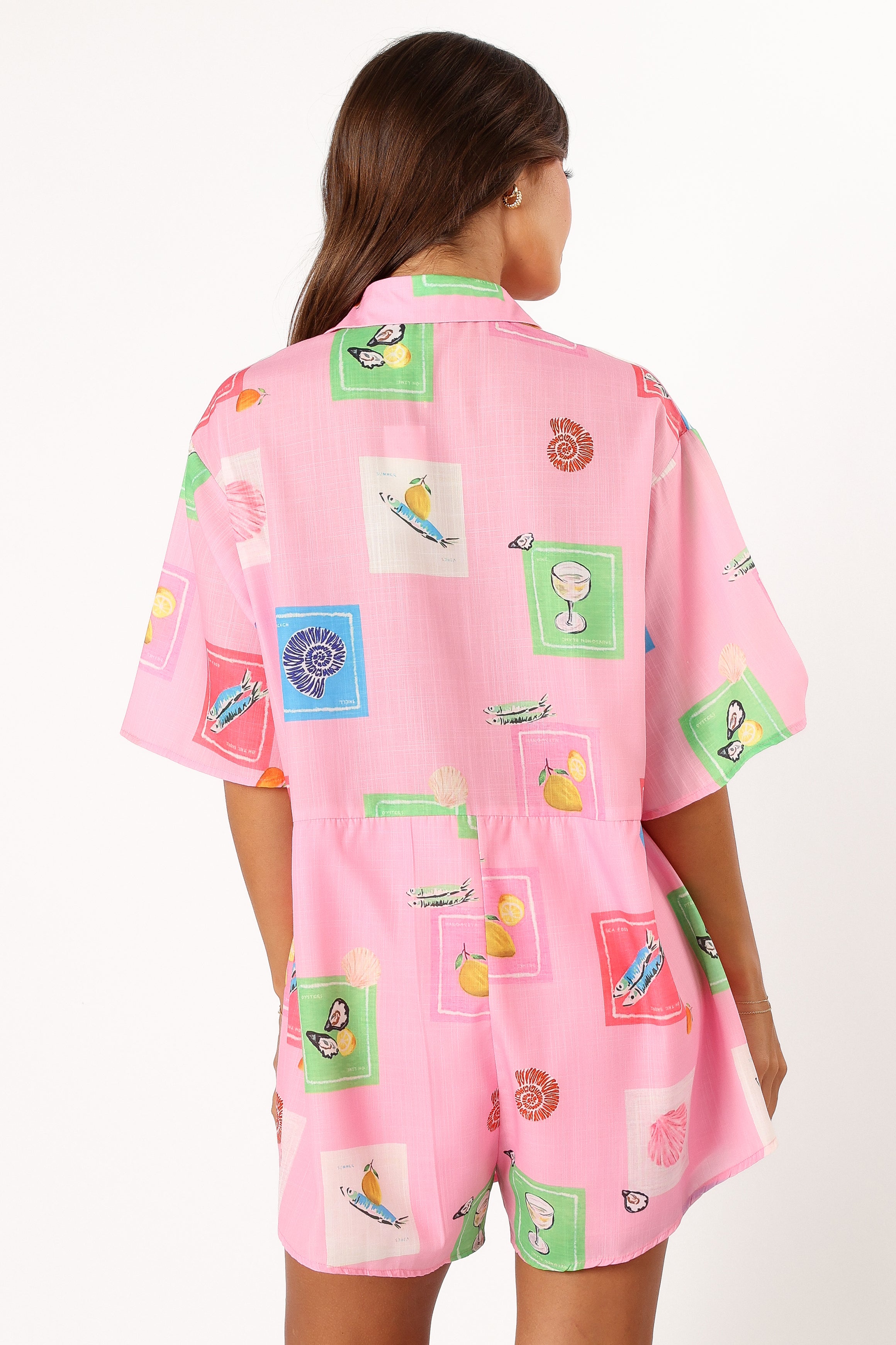 Kellie Romper - Pink Stamp Print