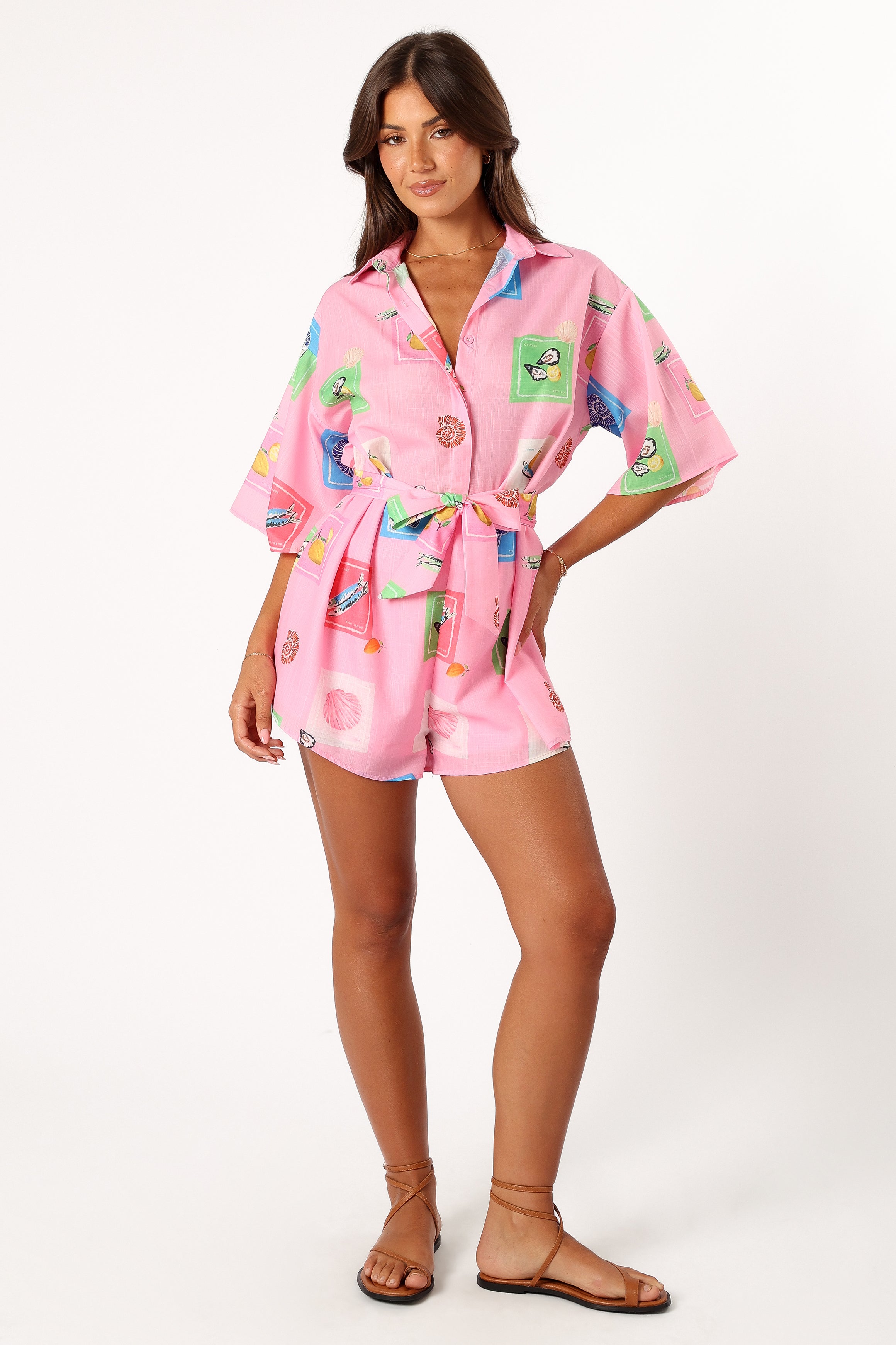 Kellie Romper - Pink Stamp Print
