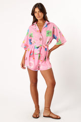 Kellie Romper - Pink Stamp Print