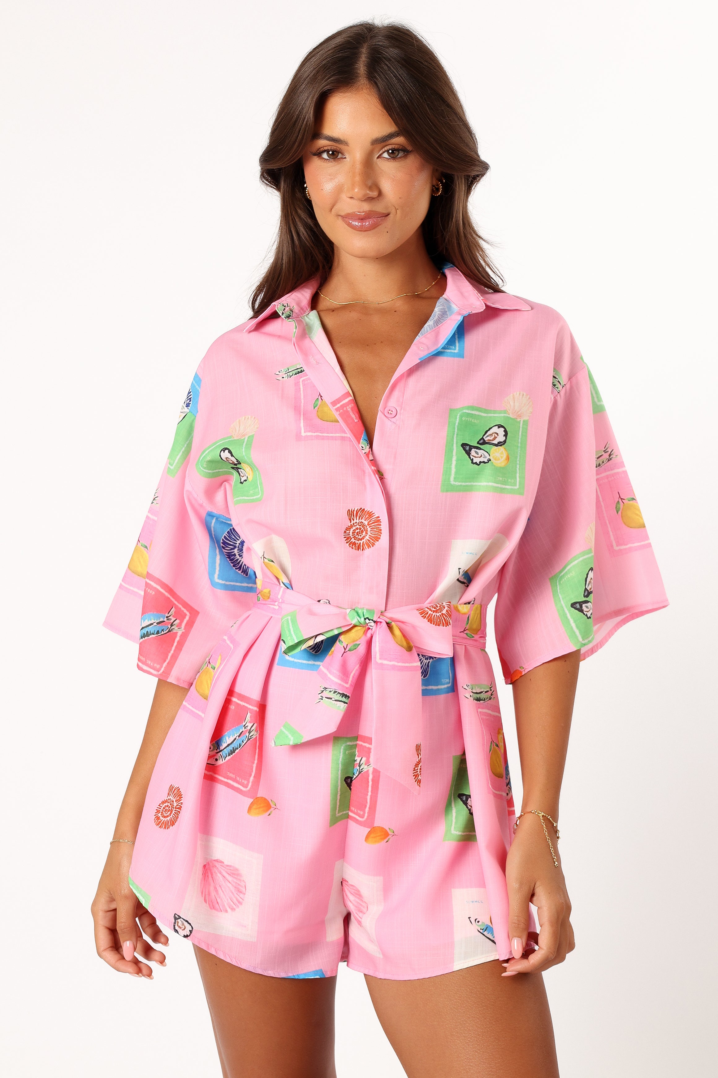 Kellie Romper - Pink Stamp Print
